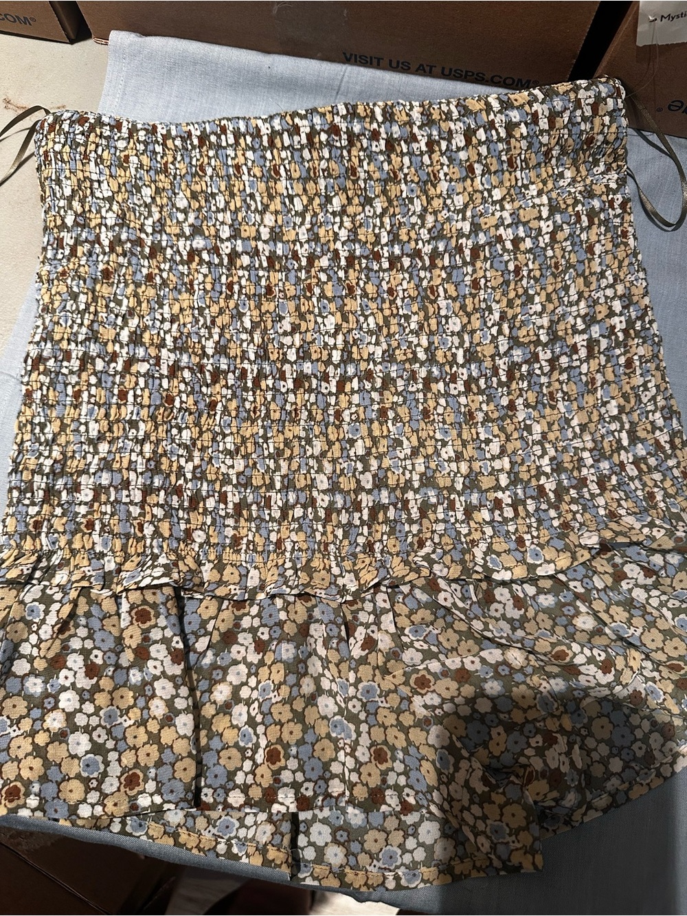MARBLE Smocked Floral Mini Skirt in Beige, Blue, Brown